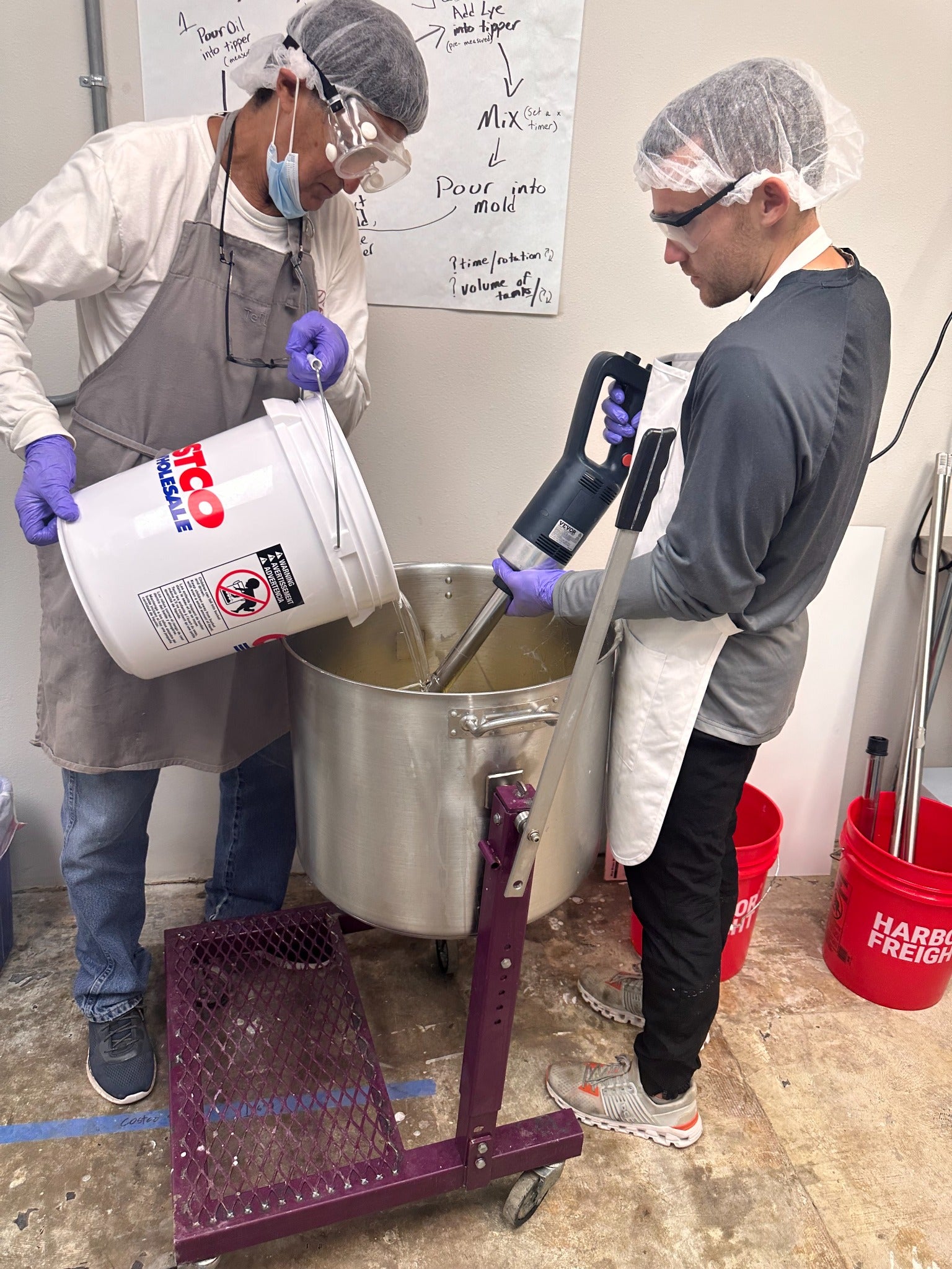 Production team batching and mixing soap while wearing PPE